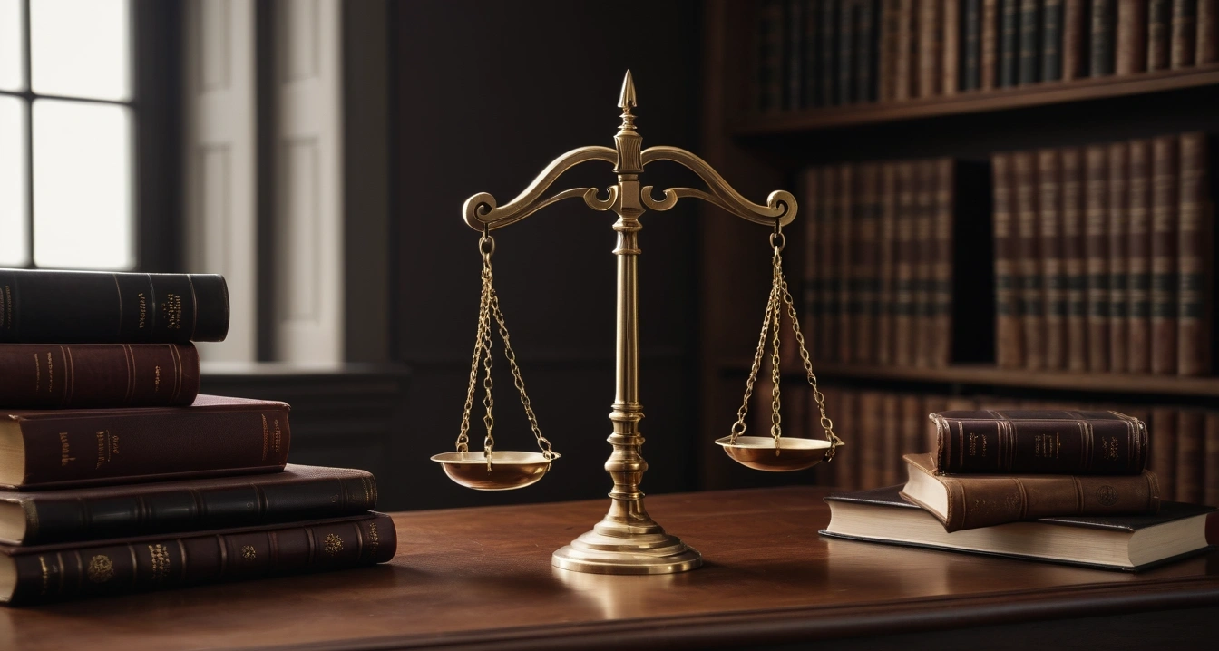 OTT<br>- 통신사 제휴 및 결합 할인 전략 (a classic brass balance scale of justice next to leather-bound law books, moody professional legal aesthetic, no people)