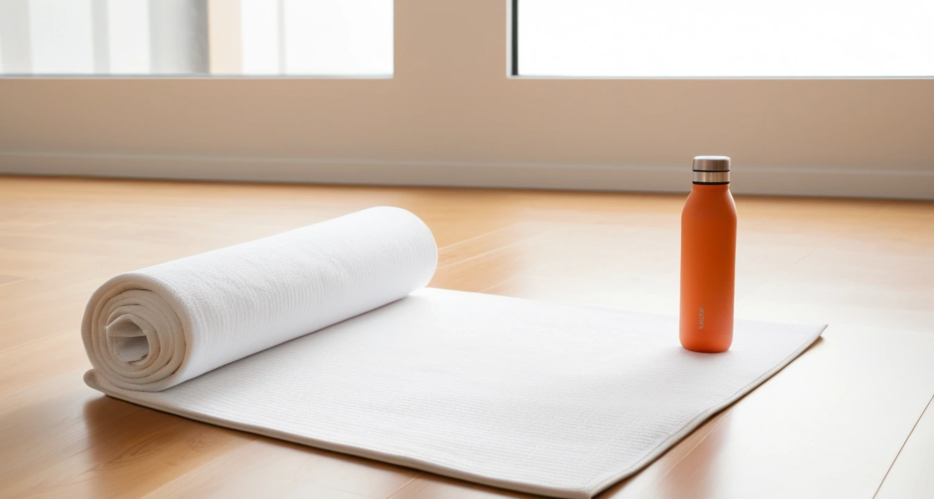 IT 액세서리<br>- 직구 사기 사전 관리을 위한 가짜 IT 액세서리 판별 실전 지침 (a clean minimal yoga mat rolled up with a fresh white towel and a reusable water bottle, bright natural light, wellness aesthetic, no people)