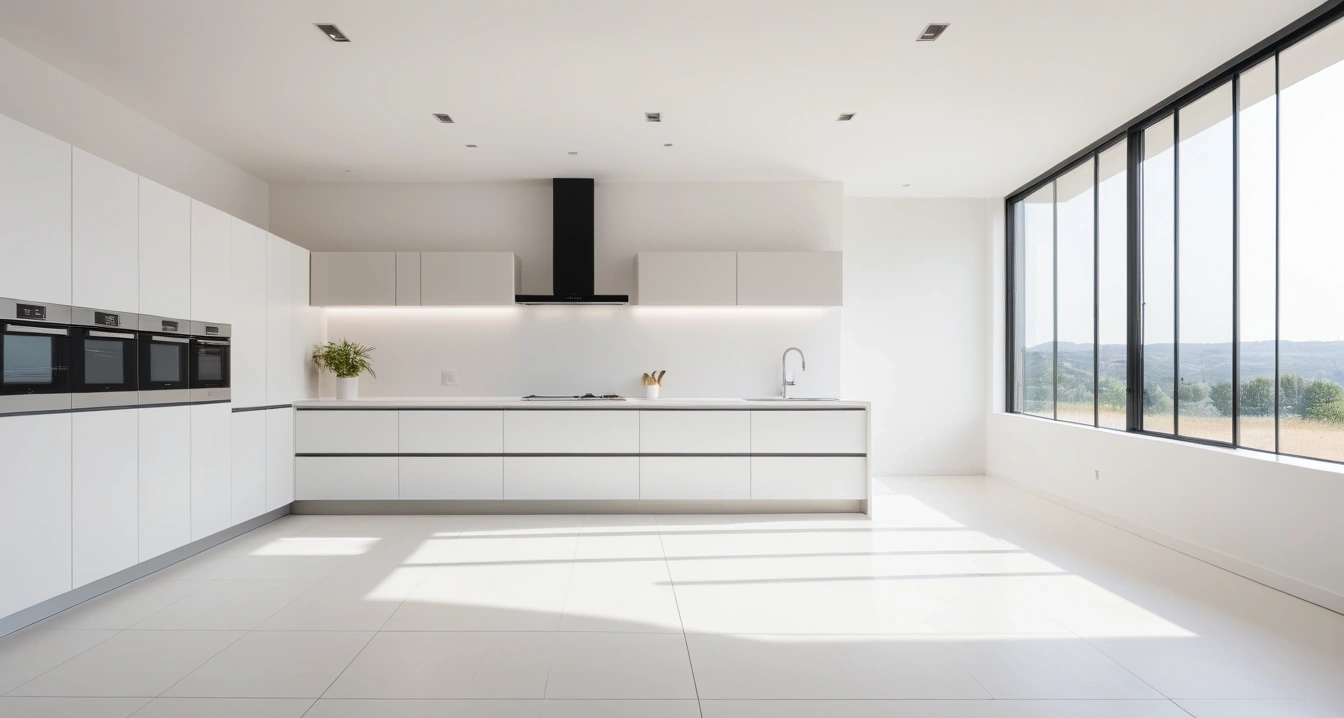 스마트 TV<br>- 홈 시네마 구축을 위한 사운드바와 주변기기 연동 (a high-end digital home appliance displayed in a modern bright showroom, clean minimalist interior, no people)