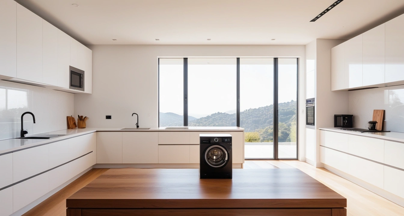 웨어러블 기기<br>- 웨어러블 기기 센서 데이터 무결성 검증 프로세스 (a high-end digital home appliance displayed in a modern bright showroom, clean minimalist interior, no people)
