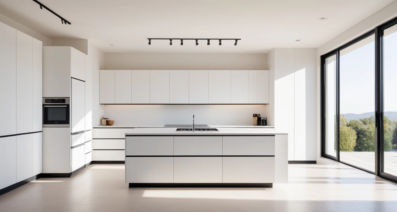 스마트홈<br>- 스마트홈 플랫폼 간 호환성 확보와 데이터 보안 전략 (a high-end digital home appliance displayed in a modern bright showroom, clean minimalist interior, no people)