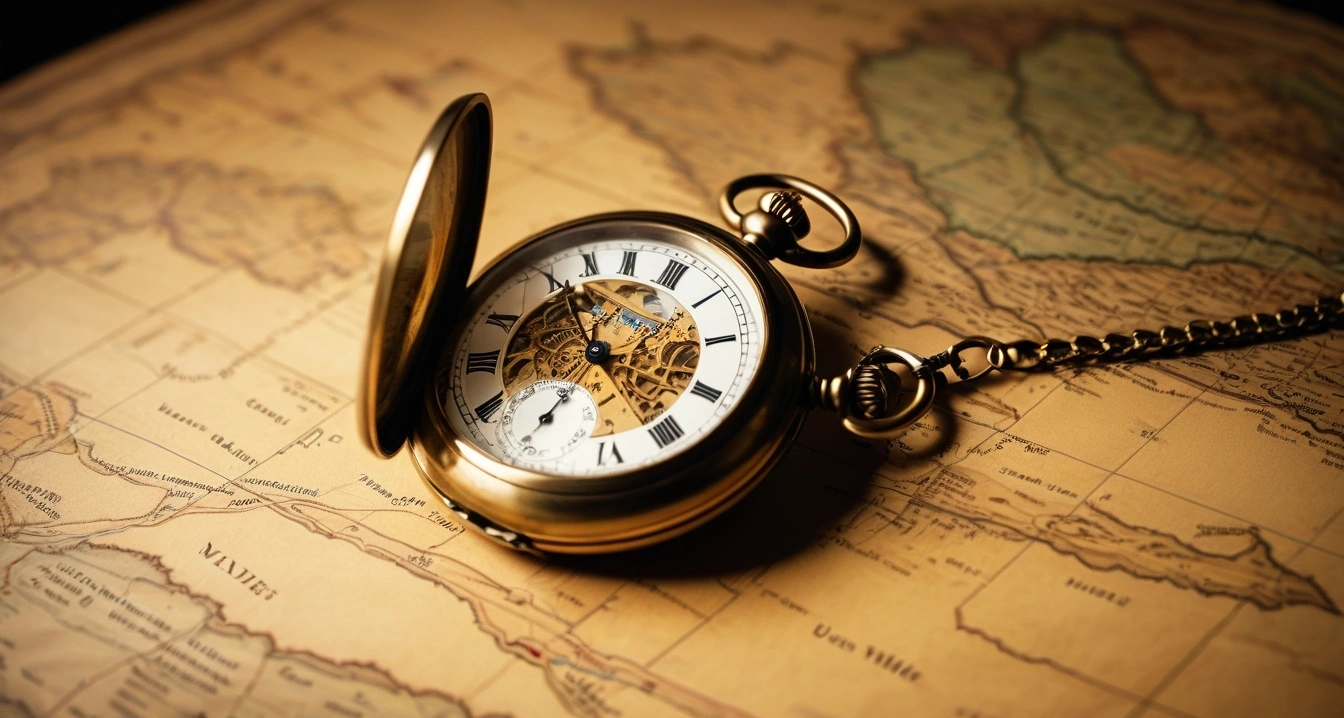 업무 효율<br>- 하드웨어 데스크테리어 최적화를 통한 작업 몰입도 제고 (a highly detailed vintage brass pocket watch and an old antique world map, warm cinematic lighting, historical exploration aesthetic, no people)