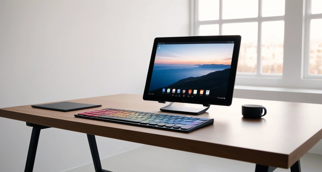 데이터 복구<br>- 데이터 복구 전문 업체의 과다 비용 청구 판별법 (a modern minimalist desk setup, mechanical keyboard, a sleek tablet displaying a colorful modern UI, soft lighting, no people)