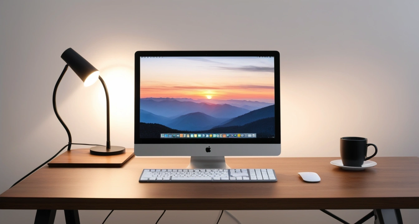 스마트홈<br>- 스마트 홈 IoT 센서와 보안 장비를 통한 생활 안전 극대화 (a modern minimalist desk setup, mechanical keyboard, a sleek tablet displaying a colorful modern UI, soft lighting, no people)