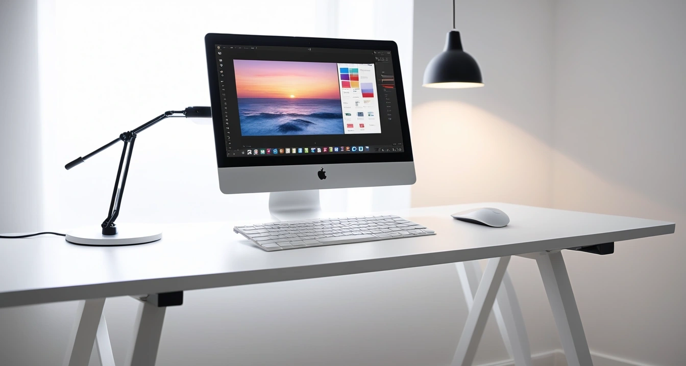 웨어러블 기기<br>- 주파수 간섭을 피하는 스마트한 전파 환경 조성 방법 (a modern minimalist desk setup, mechanical keyboard, a sleek tablet displaying a colorful modern UI, soft lighting, no people)
