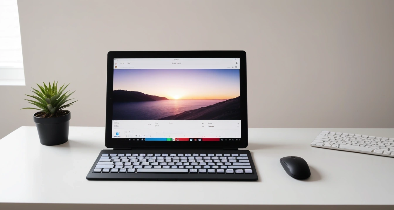 웨어러블 기기<br>- 웨어러블 기기와 스마트폰 페어링 네트워크 설정 초기화 방안 (a modern minimalist desk setup, mechanical keyboard, a sleek tablet displaying a colorful modern UI, soft lighting, no people)