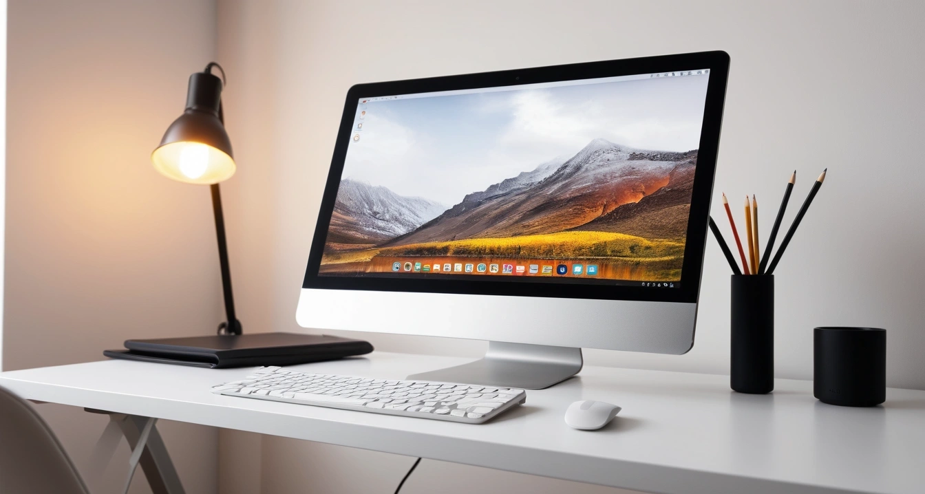 해외 로밍<br>- 해외 여행 중 스마트폰 보안을 위한 출입국 필수 체크리스트 (a modern minimalist desk setup, mechanical keyboard, a sleek tablet displaying a colorful modern UI, soft lighting, no people)