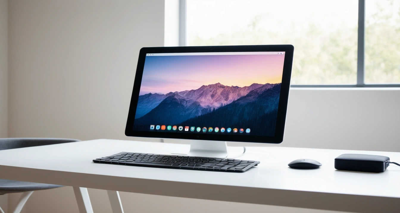 배터리<br>- 시스템 오류와 앱 충돌을 방지하는 캐시 관리 최적화 (a modern minimalist desk setup, mechanical keyboard, a sleek tablet displaying a colorful modern UI, soft lighting, no people)