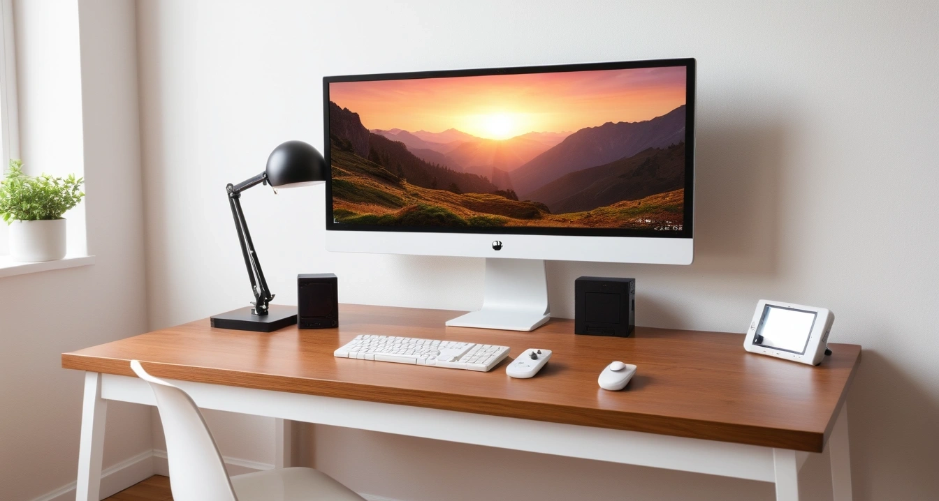 닌텐도 스위치 - 닌텐도 스위치 후속작 가을 출시를 위한 교토 본사의 전략 (a modern minimalist desk setup with nintendo switch, soft lighting, no people)