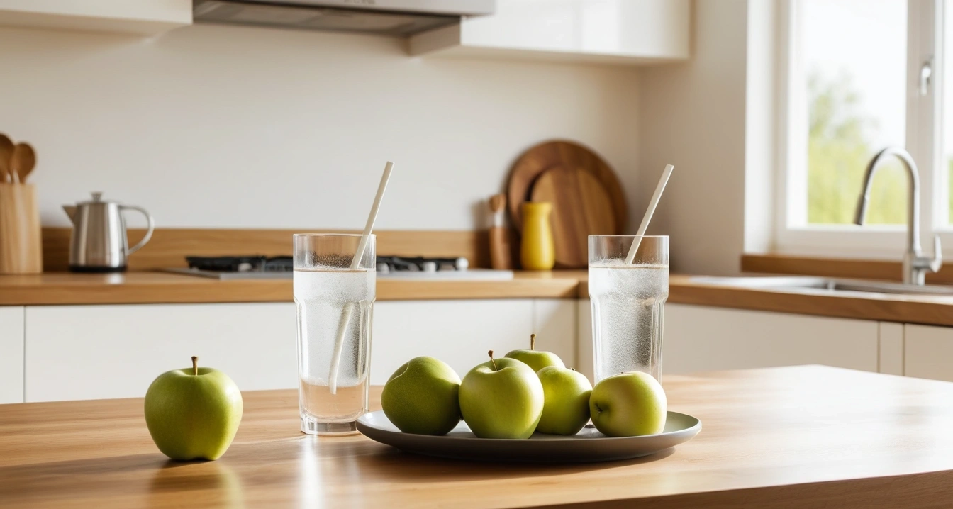 가성비 기기<br>- 중고 전자기기 거래 시 호갱 방지를 위한 검수 체크리스트 (a neat arrangement of healthy daily vitamins, a glass of water, and fresh green apples on a bright kitchen counter, wellness concept, no people)