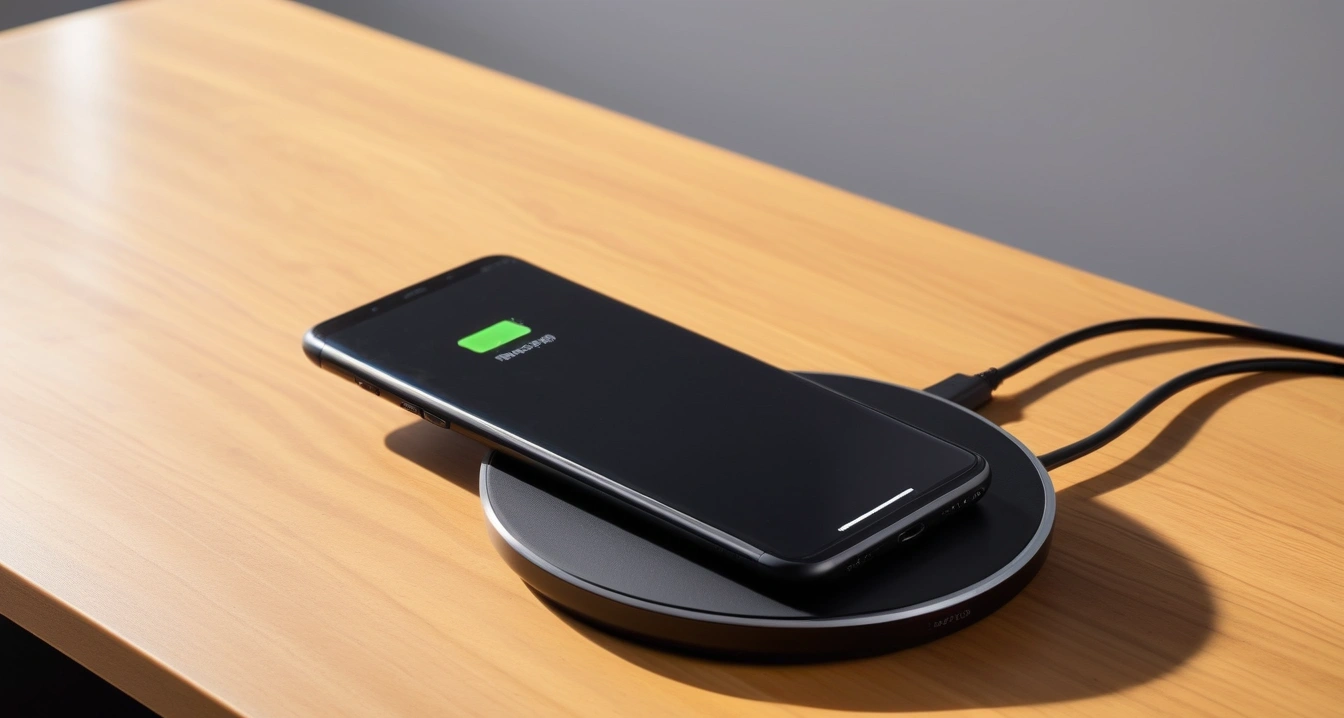 데이터 복구<br>- 스마트폰 데이터 손실 시 즉각적인 전원 차단 필수 (a premium sleek smartphone leaning against a modern wireless charging pad on a wooden desk, aesthetic lighting, no people)