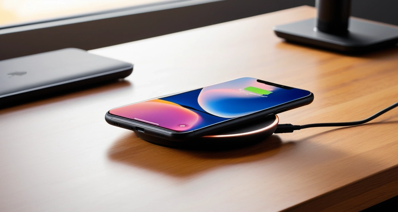 가성비 기기<br>- 태블릿 PC 활용도를 극대화하는 용량 설계 (a premium sleek smartphone leaning against a modern wireless charging pad on a wooden desk, aesthetic lighting, no people)
