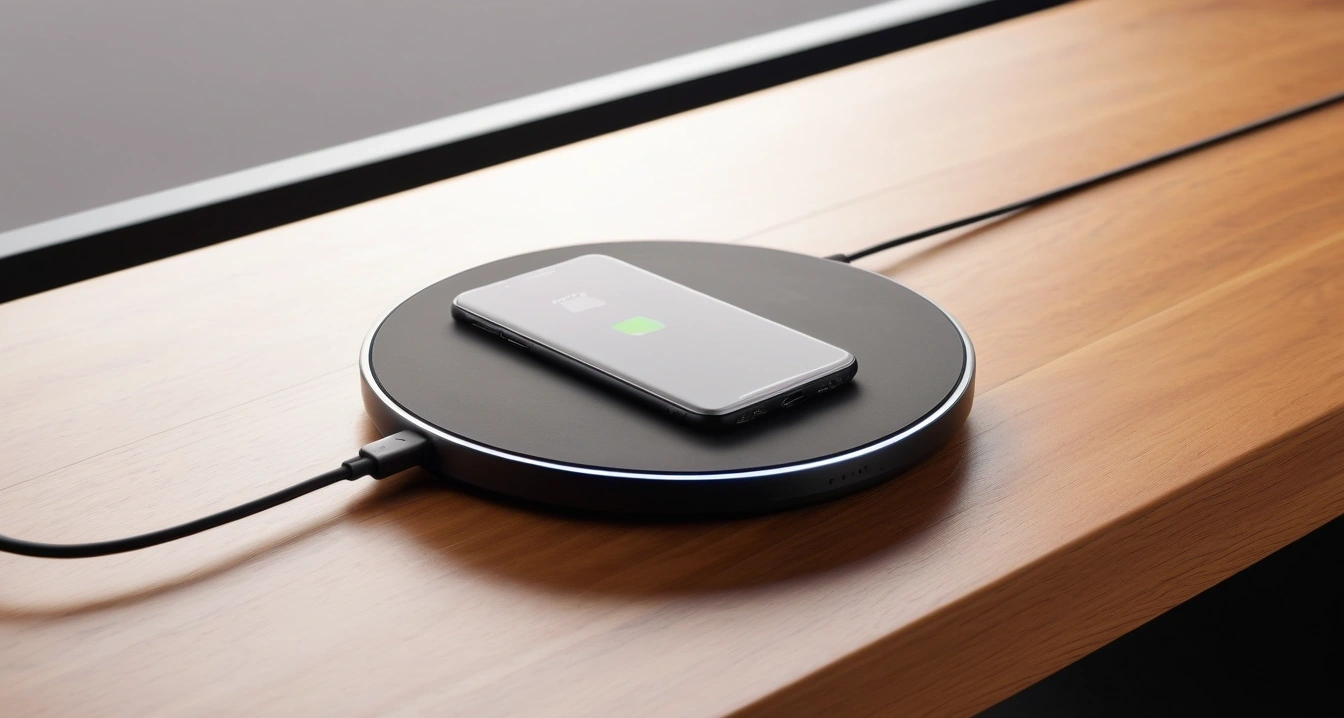 운영체제(OS)<br>- 차량용 인포테인먼트 시스템 MB-OS 및 최신 OS 안정화 세팅 (a premium sleek smartphone leaning against a modern wireless charging pad on a wooden desk, aesthetic lighting, no people)