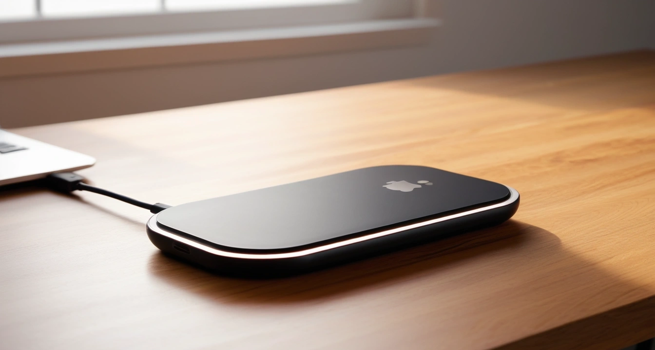 태블릿PC<br>- 태블릿PC 구매 전 필수 체크리스트와 예산 설계 (a premium sleek smartphone leaning against a modern wireless charging pad on a wooden desk, aesthetic lighting, no people)