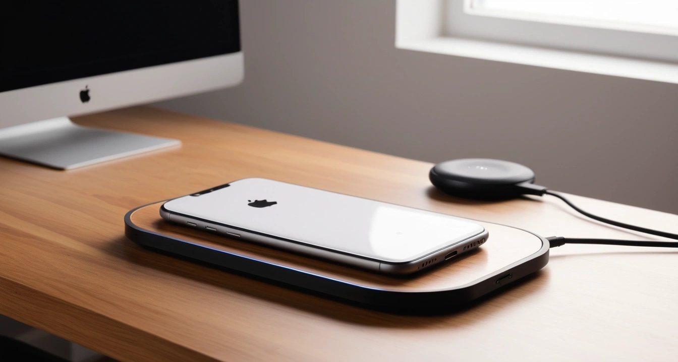 공유기<br>- 비용 없이 끝내는 10분 응급처치와 펌웨어 업데이트 (a premium sleek smartphone leaning against a modern wireless charging pad on a wooden desk, aesthetic lighting, no people)