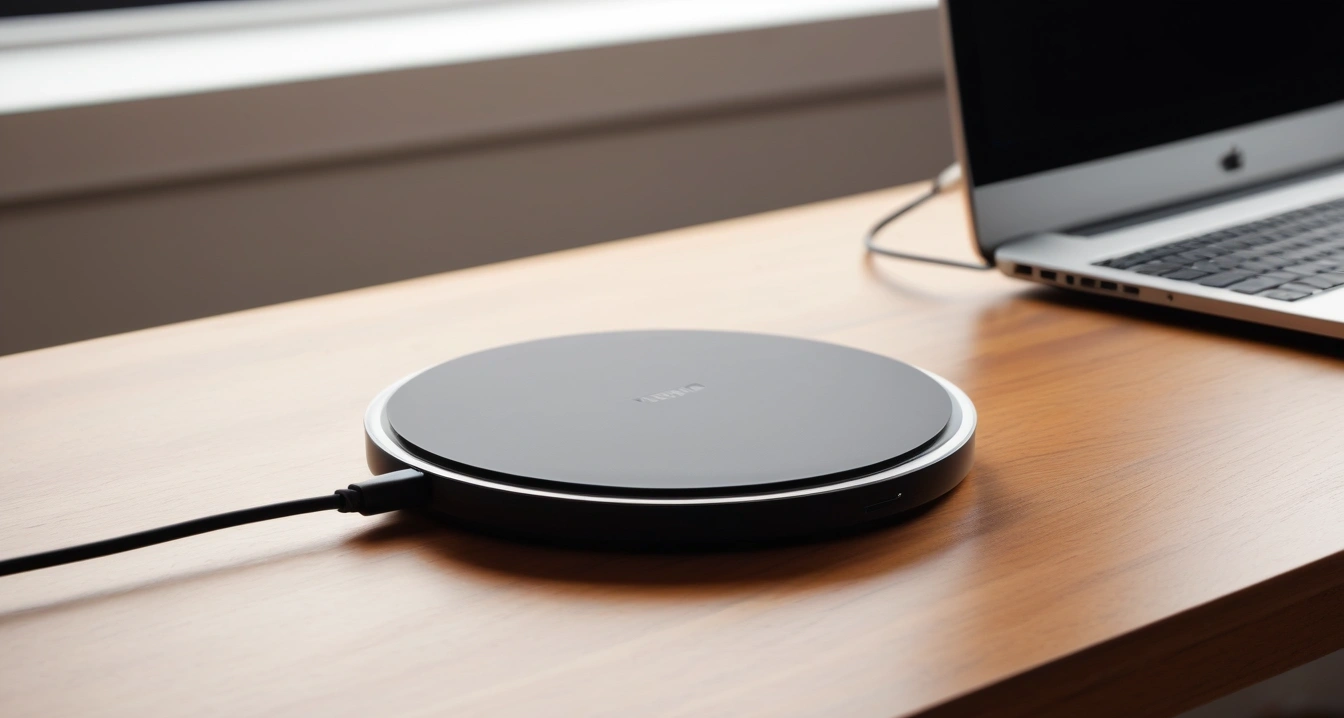 구형 PC<br>- 램(RAM) 증설을 통한 다중 작업 환경 개선 (a premium sleek smartphone leaning against a modern wireless charging pad on a wooden desk, aesthetic lighting, no people)