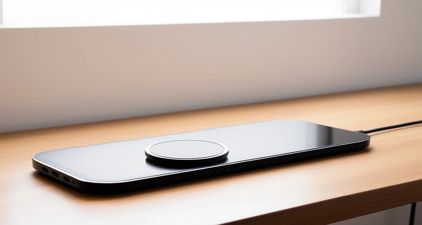 리튬이온 배터리<br>- 스마트 기기 배터리 교체 비용 방어 및 성능 유지 전략 (a premium sleek smartphone leaning against a modern wireless charging pad on a wooden desk, aesthetic lighting, no people)