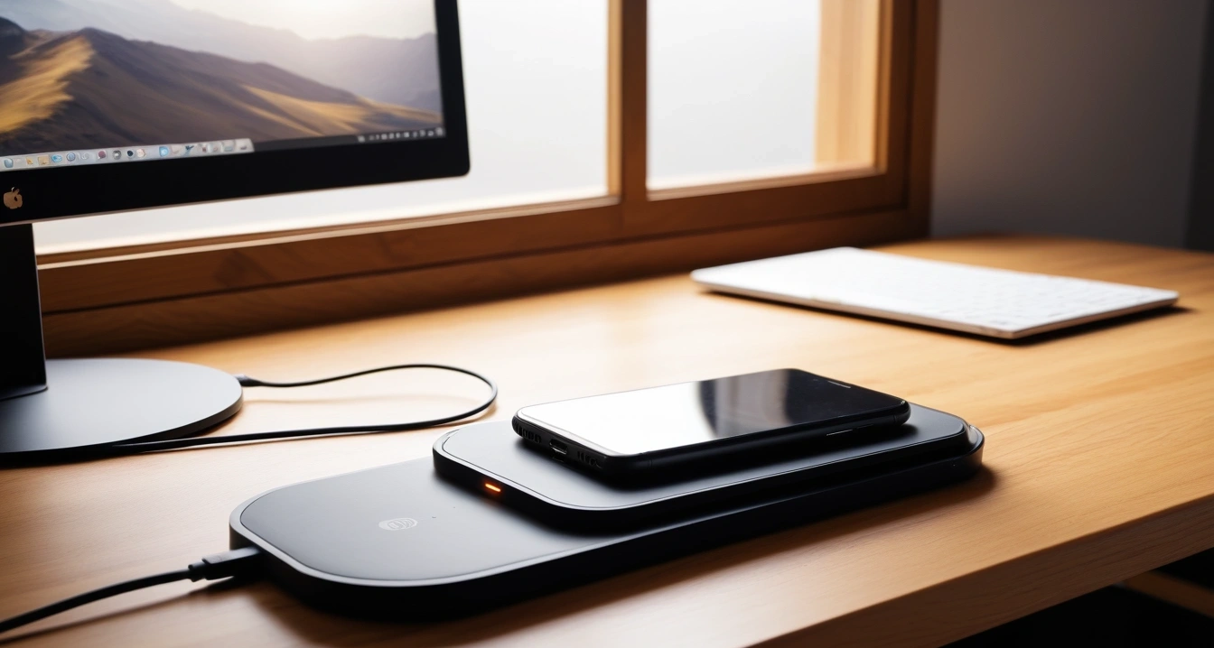 개인정보<br>- 공용 네트워크 환경의 Wi-Fi 데이터 도청 위험 (a premium sleek smartphone leaning against a modern wireless charging pad on a wooden desk, aesthetic lighting, no people)