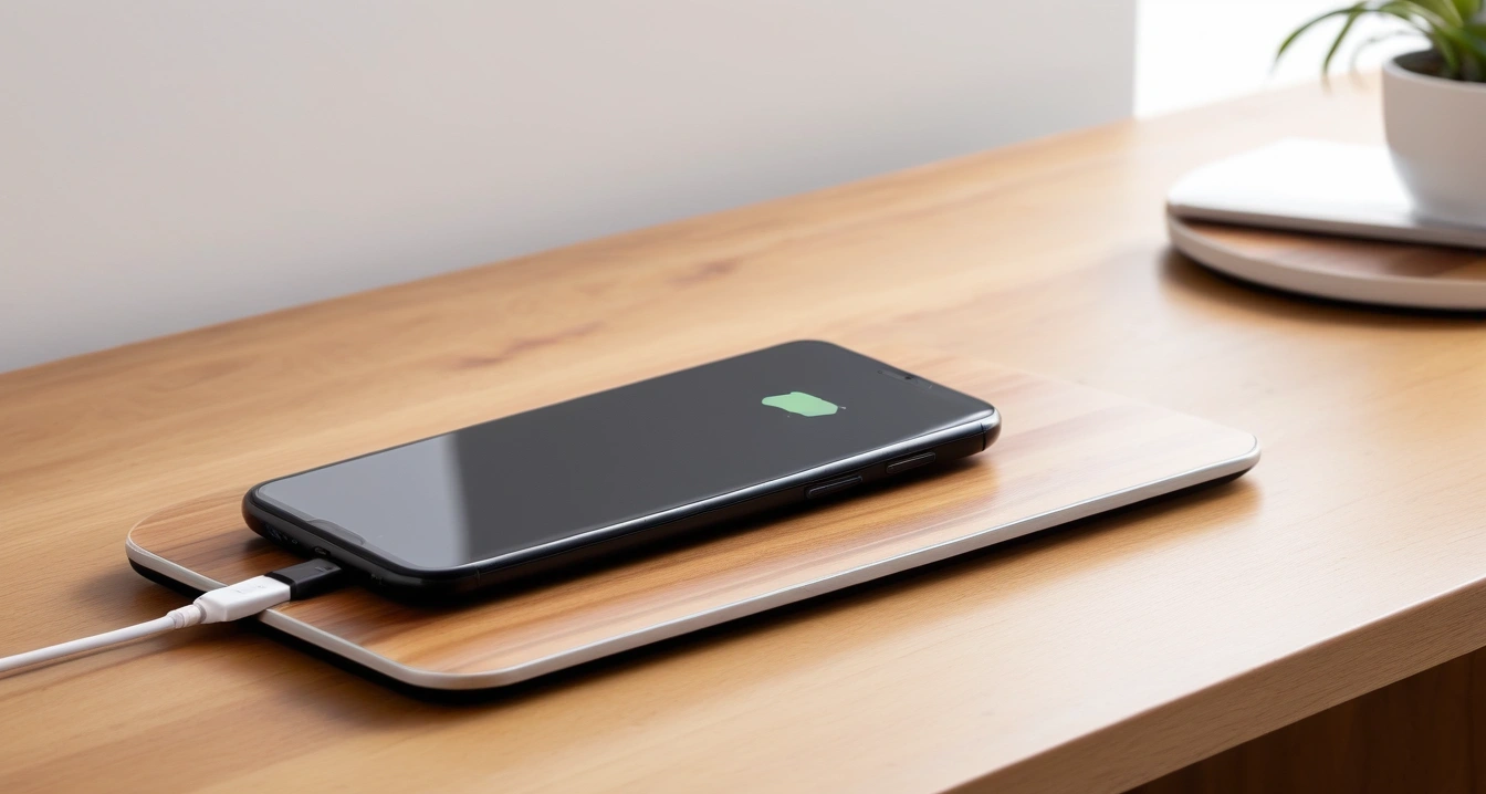 해외 로밍<br>- 금융 및 메신저 앱을 위한 가상사설망 VPN 구축 전략 (a premium sleek smartphone leaning against a modern wireless charging pad on a wooden desk, aesthetic lighting, no people)