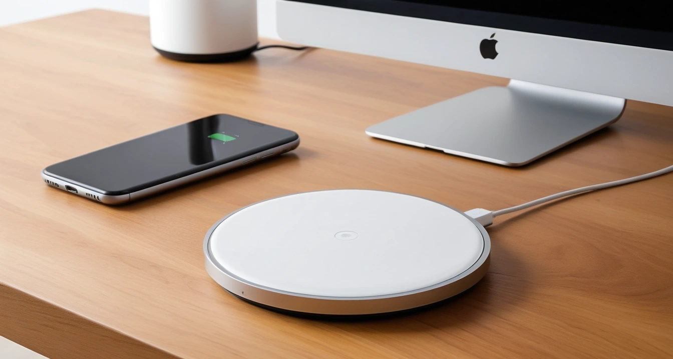 배터리<br>- 고온 환경 속 스마트폰 발열 제어를 위한 소프트웨어 응급처치 (a premium sleek smartphone leaning against a modern wireless charging pad on a wooden desk, aesthetic lighting, no people)