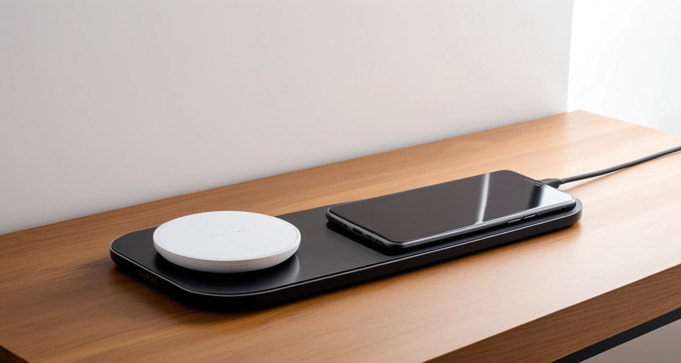 웨어러블 기기<br>- 웨어러블 기기 펌웨어 업데이트 및 물리적 단자 점검법 (a premium sleek smartphone leaning against a modern wireless charging pad on a wooden desk, aesthetic lighting, no people)