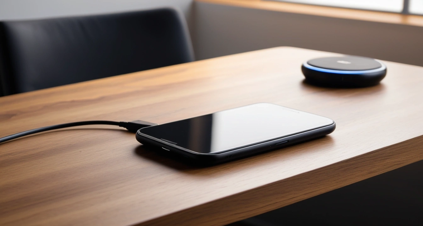 데이터 백업<br>- 클라우드 서비스와 하드웨어의 이중 백업 체계 구축 (a premium sleek smartphone leaning against a modern wireless charging pad on a wooden desk, aesthetic lighting, no people)