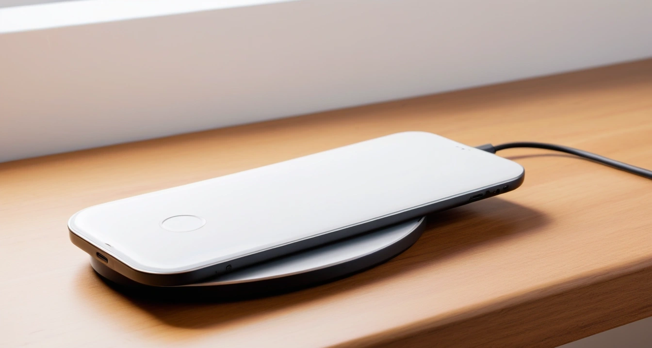 구형 PC<br>- 윈도우 시스템 최적화 및 불필요한 백그라운드 프로세스 정리 (a premium sleek smartphone leaning against a modern wireless charging pad on a wooden desk, aesthetic lighting, no people)