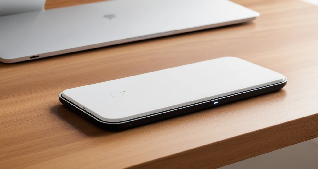 가성비 기기<br>- IT 기기 구매 타이밍과 중고 거래 전략 (a premium sleek smartphone leaning against a modern wireless charging pad on a wooden desk, aesthetic lighting, no people)