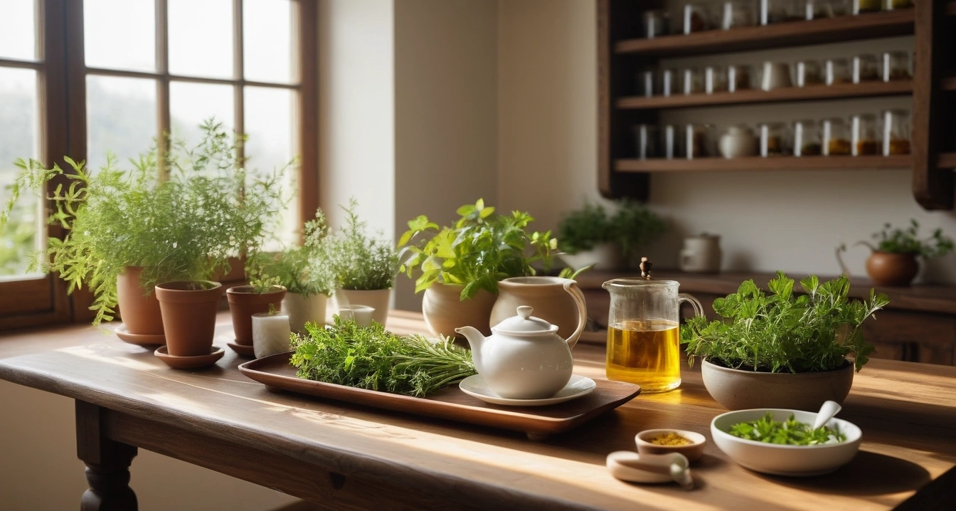 중고 IT 기기<br>- 노트북 배터리 수명 및 시스템 하드웨어 부하 테스트 (a pristine bright herbal medicine preparation table, aesthetic ceramic teapot, fresh green healing herbs, soft natural light, no people)