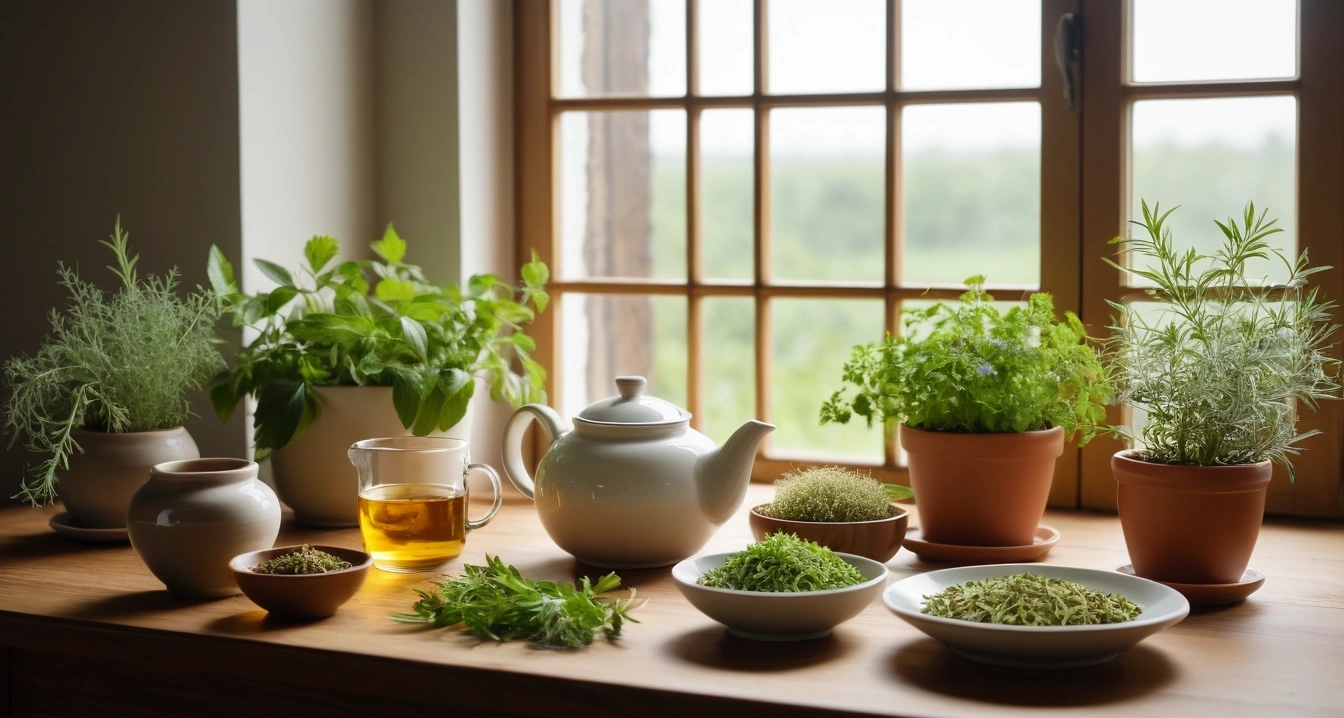중고 IT 기기<br>- 태블릿 기기 네트워크 연결 및 센서 기능 점검 (a pristine bright herbal medicine preparation table, aesthetic ceramic teapot, fresh green healing herbs, soft natural light, no people)
