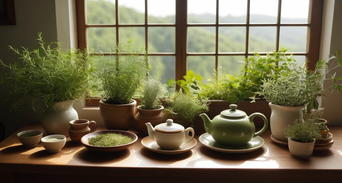 윈도우 및 안드로이드<br>- 안드로이드 배터리 최적화와 백그라운드 앱 제한 설정 (a pristine bright herbal medicine preparation table, aesthetic ceramic teapot, fresh green healing herbs, soft natural light, no people)