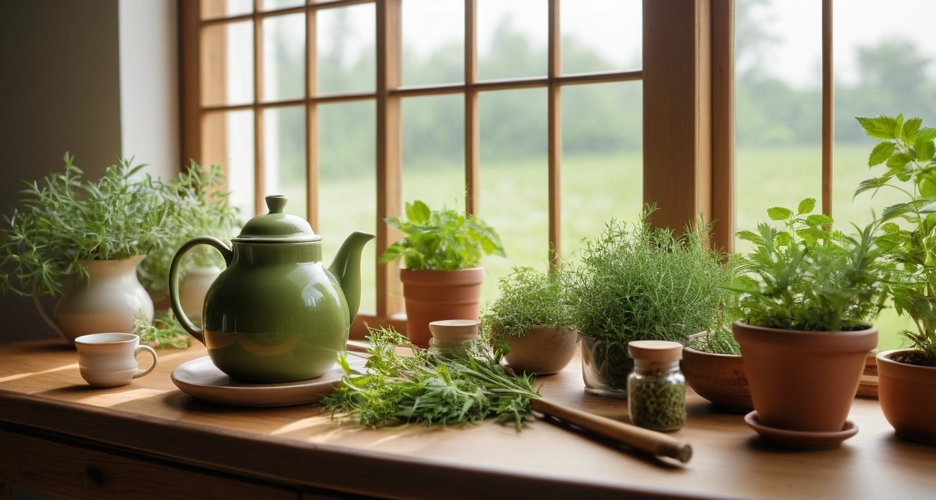 스미싱<br>- 악성 링크 유도를 차단하는 메신저 보안 설정 (a pristine bright herbal medicine preparation table, aesthetic ceramic teapot, fresh green healing herbs, soft natural light, no people)