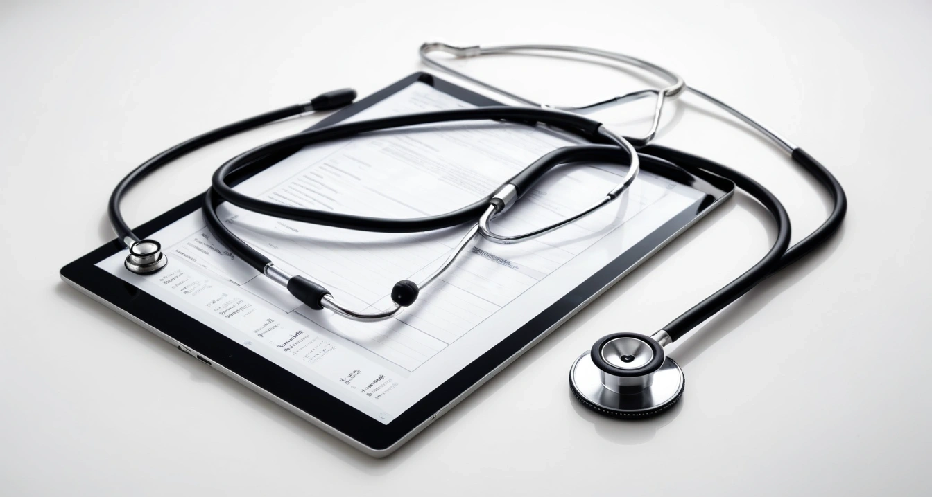윈도우 및 안드로이드<br>- 윈도우 보안 센터를 활용한 실시간 시스템 오류 사전 관리 (a professional medical stethoscope resting on a digital tablet displaying health data, clean white clinic background, no people)
