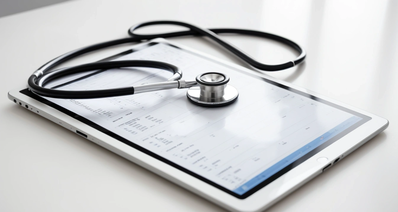 중고 IT 기기<br>- 중고 스마트 기기 계정 잠금 및 데이터 삭제 상태 확인 (a professional medical stethoscope resting on a digital tablet displaying health data, clean white clinic background, no people)
