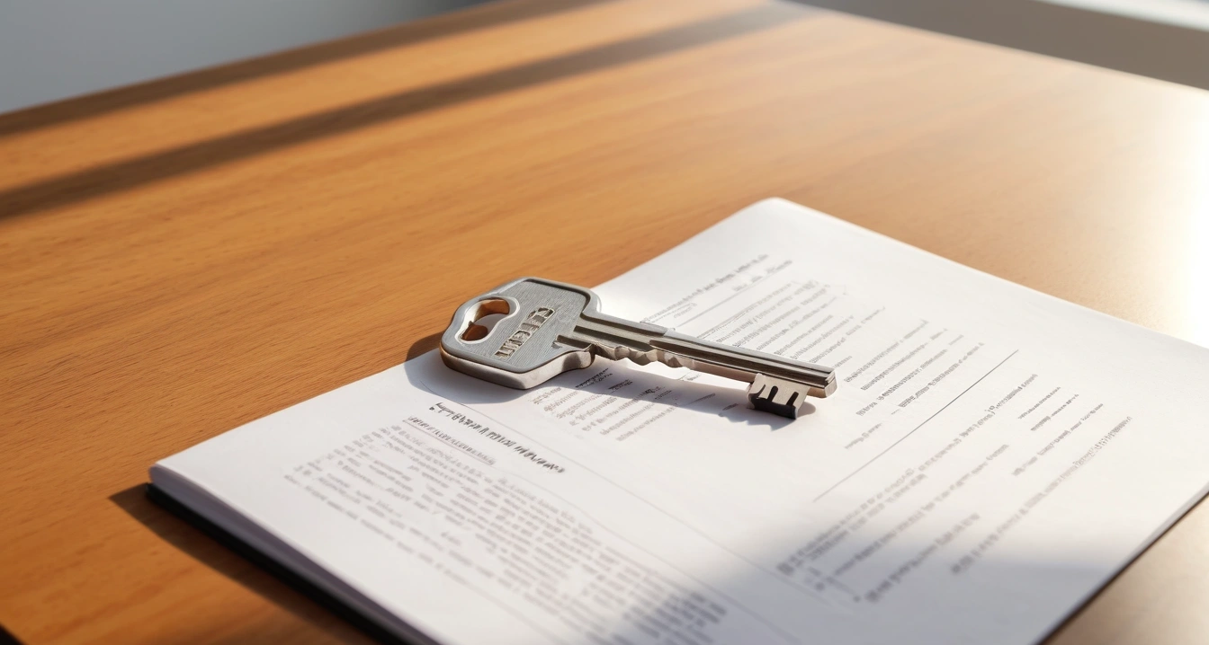 OTT<br>- 요금제 최적화 필수 점검 항목 (a shiny house key resting on a detailed real estate contract, elegant wooden table, soft morning sunlight, no people)