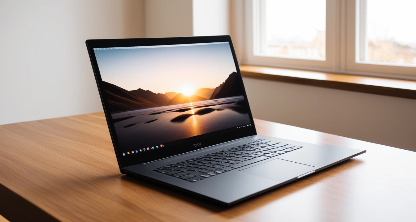 클라우드<br>- 클라우드 자동 동기화 설정과 데이터 영구 보존의 기술 (a sleek modern laptop and a smartphone on a clean wooden desk, minimalist aesthetic, soft lighting, no people)