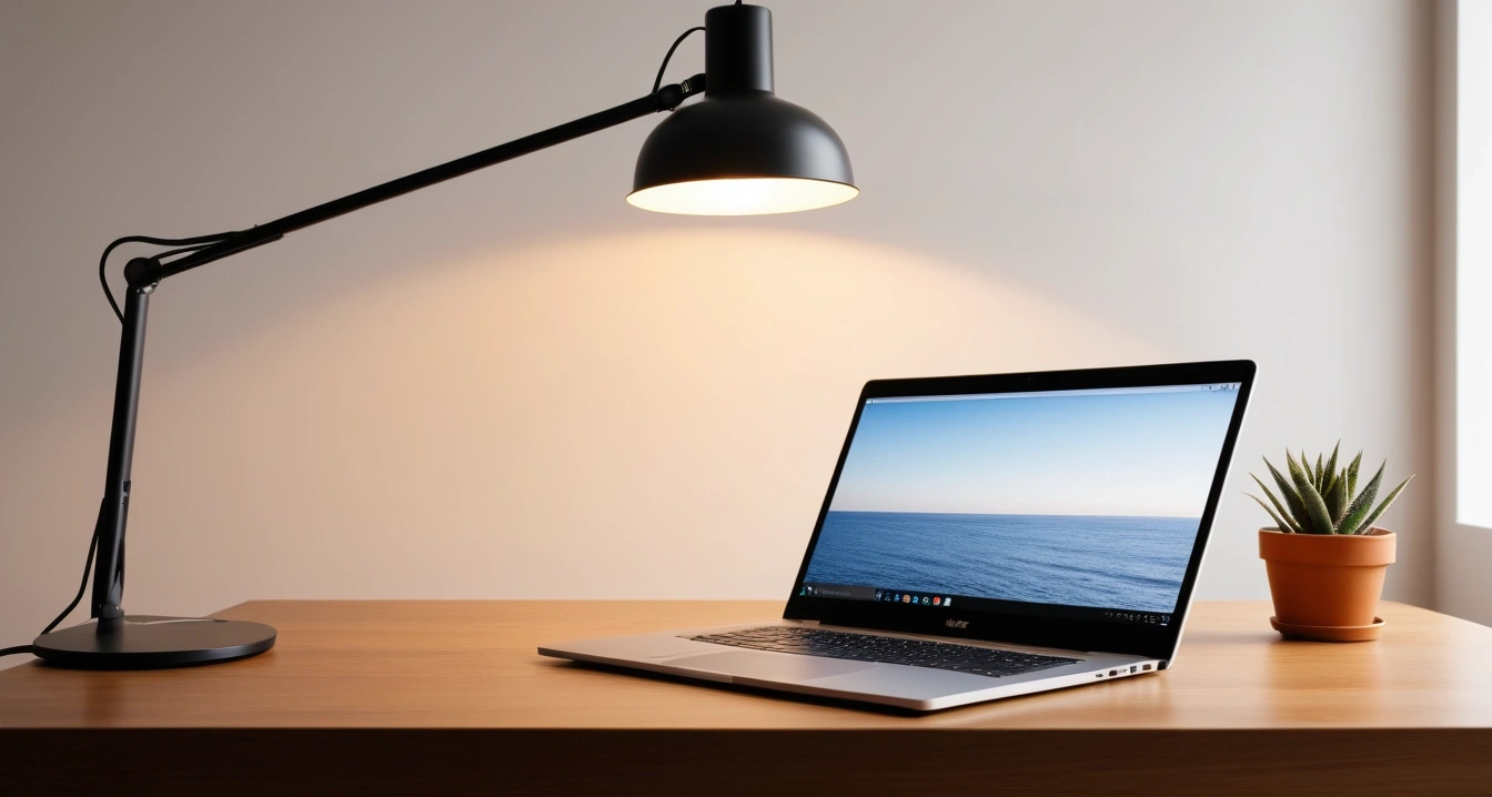 스마트홈<br>- 웨어러블 헬스케어 기기와 비상 호출 시스템 (a sleek modern laptop and a smartphone on a clean wooden desk, minimalist aesthetic, soft lighting, no people)