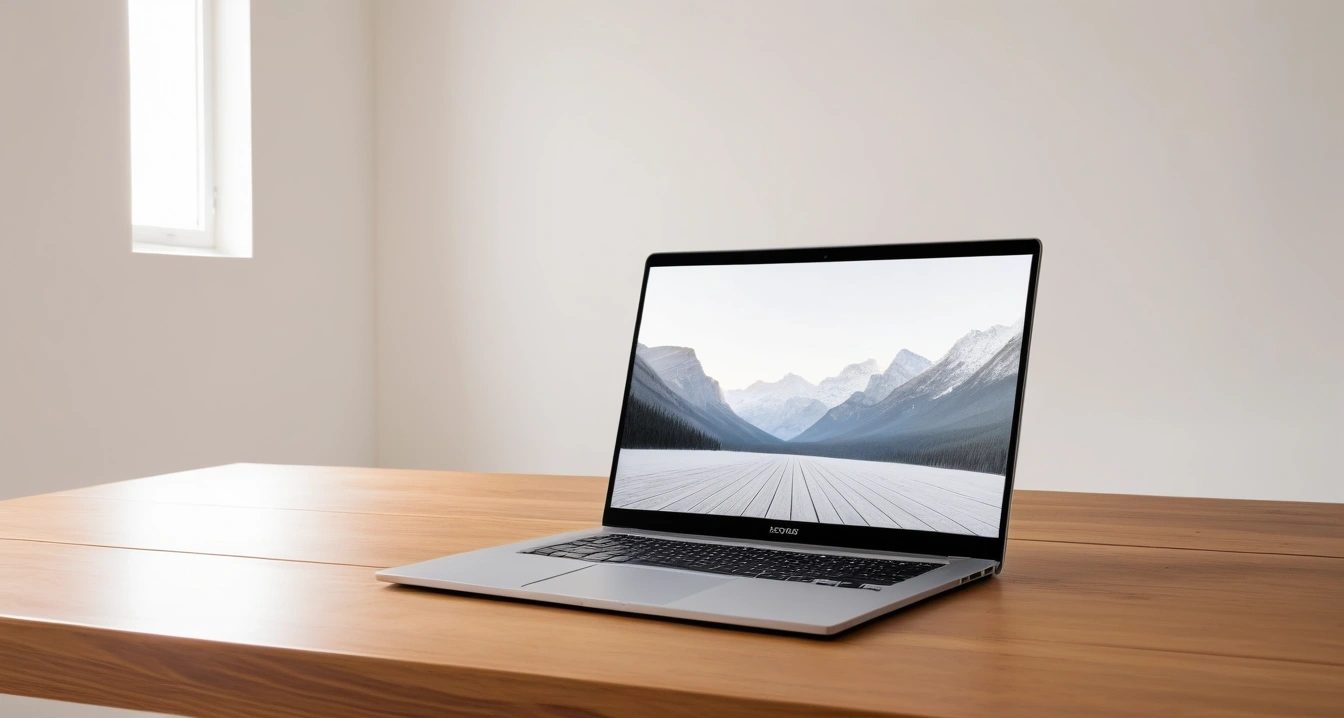 스마트폰 수리비<br>- 사설 수리점 이용 시 발생 가능한 메인보드 리스크 (a sleek modern laptop and a smartphone on a clean wooden desk, minimalist aesthetic, soft lighting, no people)