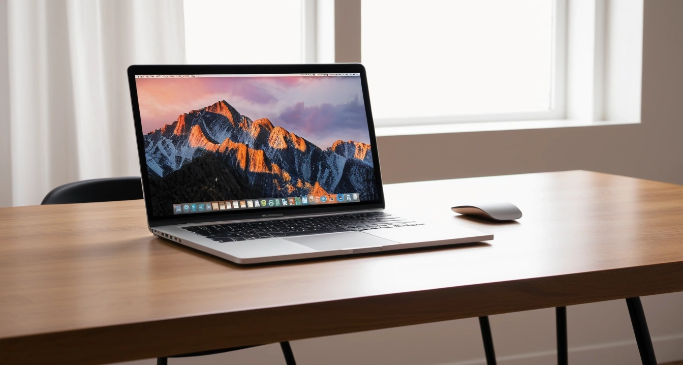 맥북 프로 - 신형 맥북 프로 보호를 위한 애플케어 플러스 및 보증 정책 (a sleek modern macbook pro on a clean wooden desk, minimalist aesthetic, soft lighting, no people)