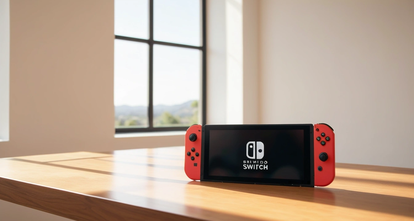닌텐도 스위치 - 해외 현지 면세 혜택과 게스트카드 활용 가이드 (a sleek modern nintendo switch on a clean wooden desk, minimalist aesthetic, soft lighting, no people)