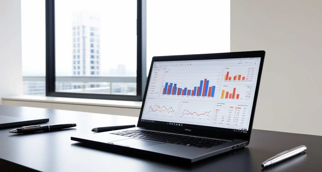 인터넷 약정<br>- 인터넷 약정 위약금과 해지 반환금 계산법 (a sleek modern office desk, a glowing laptop screen displaying financial charts and graphs, premium fountain pen, no people)