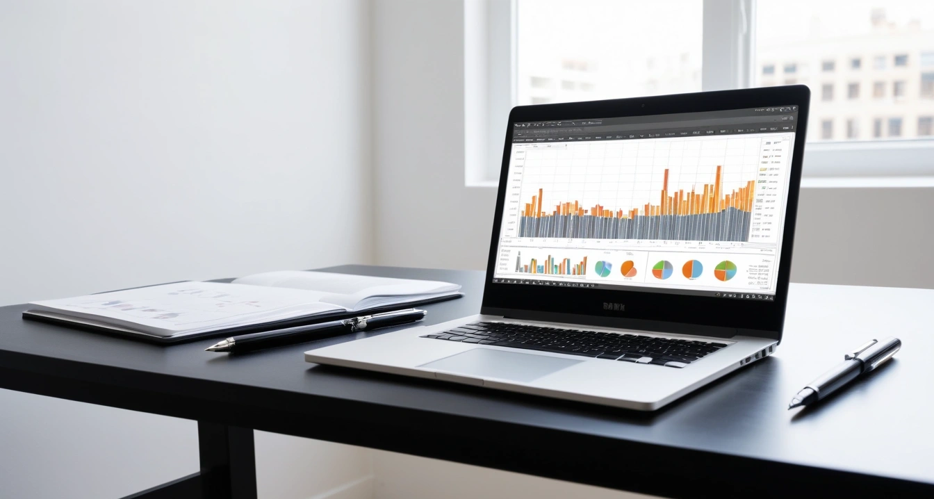 인터넷 약정<br>- 스마트폰 결합 할인과 약정 관리 앱의 활용 (a sleek modern office desk, a glowing laptop screen displaying financial charts and graphs, premium fountain pen, no people)