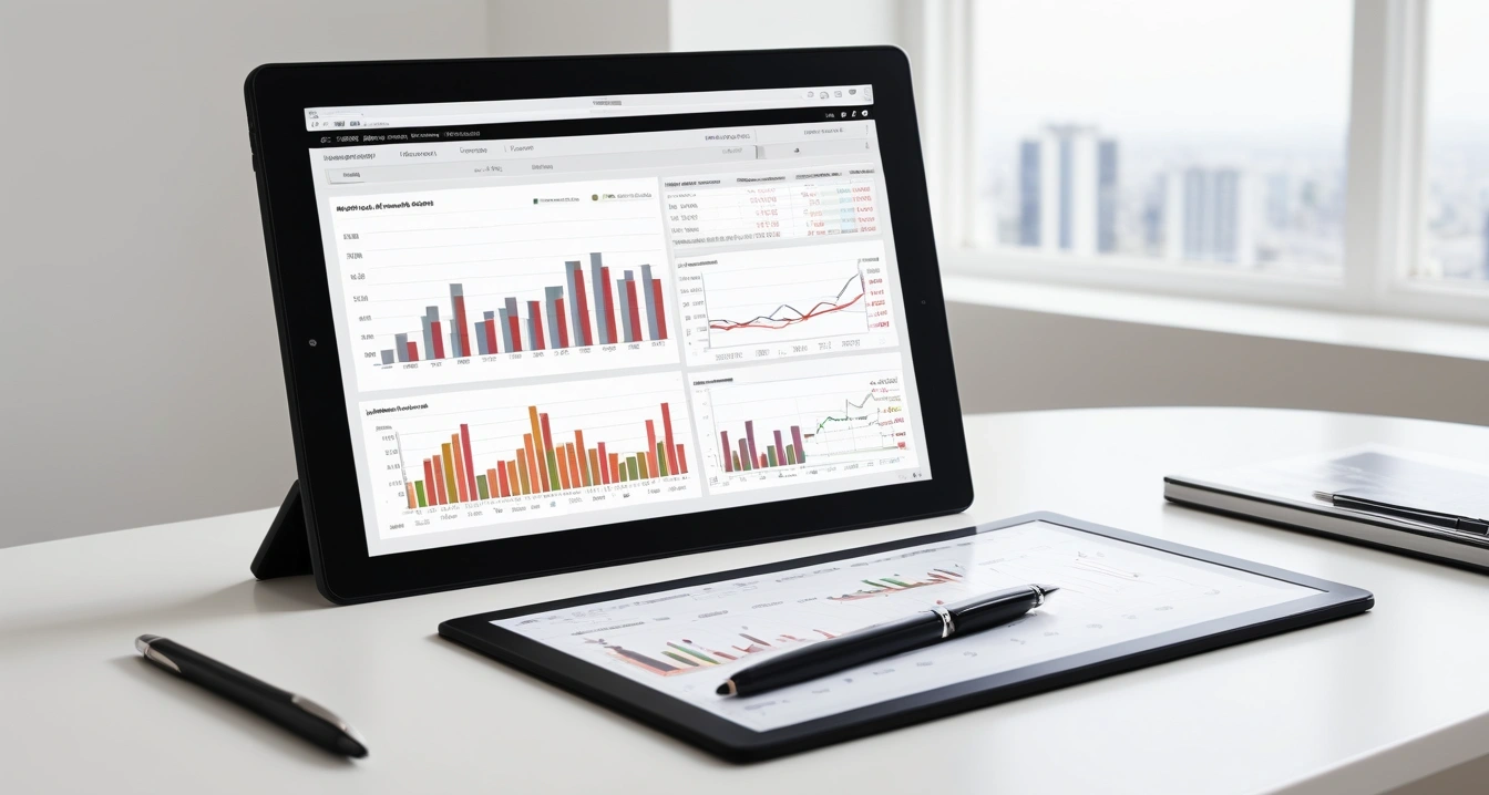 알뜰폰<br>- 자급제 스마트폰 구매 전략 (an upscale financial advisor desk featuring a digital tablet displaying business growth graphs, premium pen, clean professional background, no people)