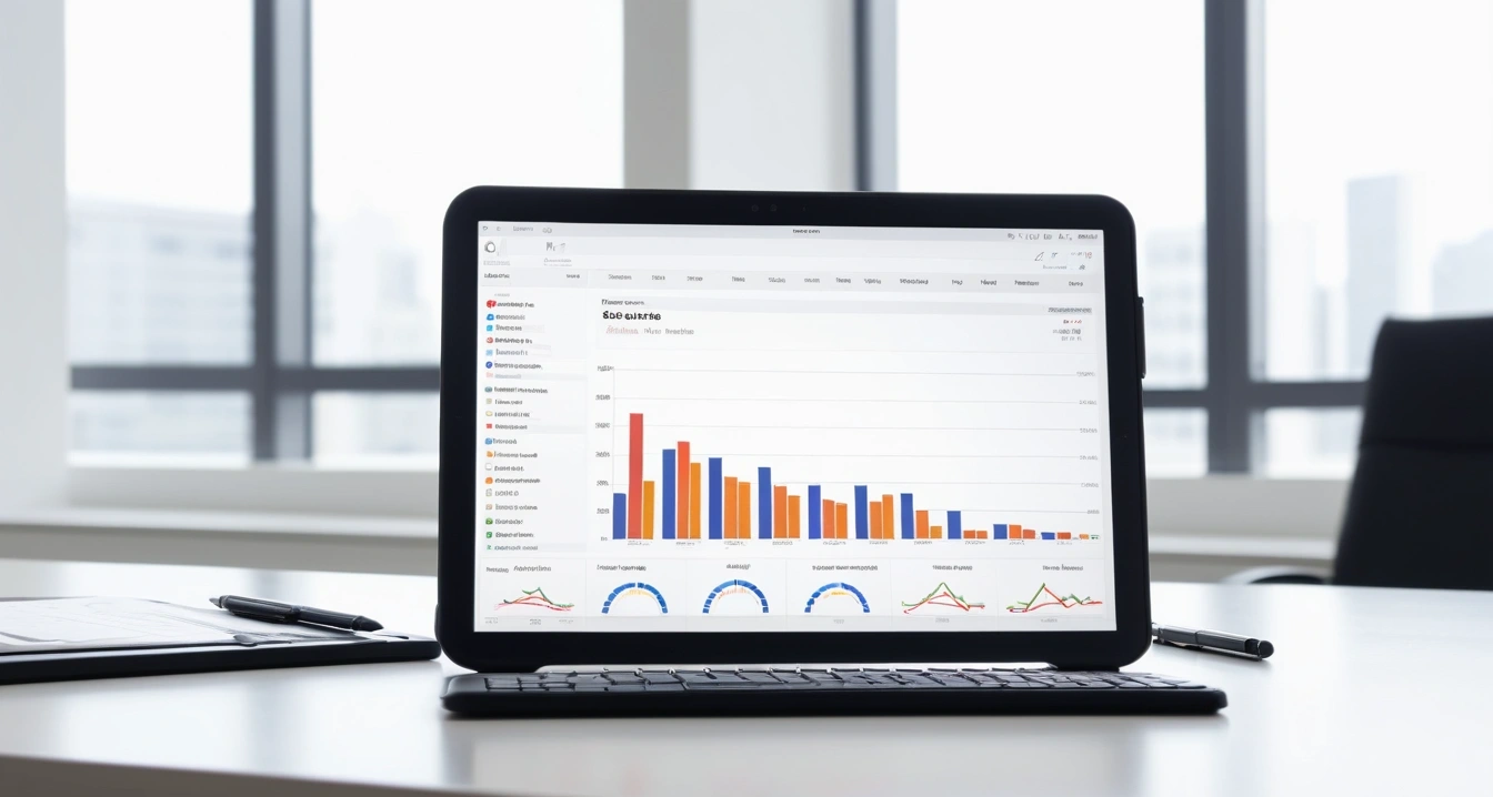 OTT<br>- 디지털 구독 관리 솔루션의 활용 (an upscale financial advisor desk featuring a digital tablet displaying business growth graphs, premium pen, clean professional background, no people)