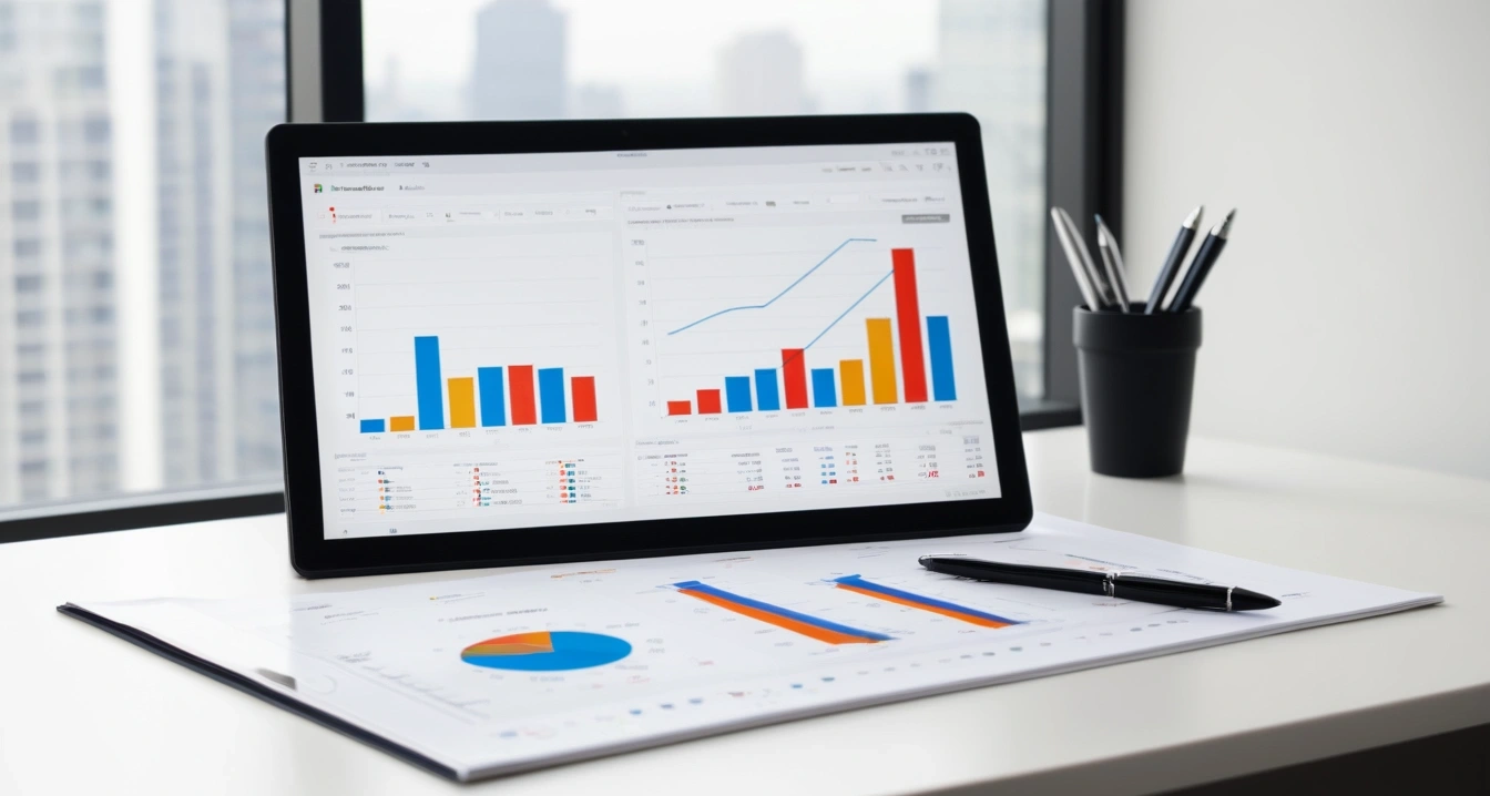 알뜰폰<br>- 셀프 개통 프로세스 가이드 (an upscale financial advisor desk featuring a digital tablet displaying business growth graphs, premium pen, clean professional background, no people)