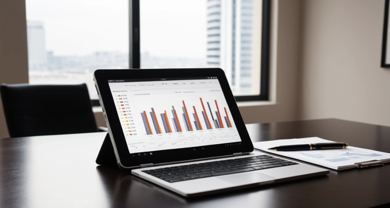 클라우드 구독 서비스<br>- AI 구독 모델과 잊혀진 서비스 정리 (an upscale financial advisor desk featuring a digital tablet displaying business growth graphs, premium pen, clean professional background, no people)