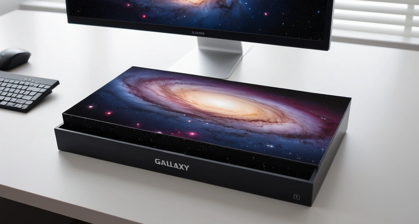 갤럭시 - 직장인을 위한 갤럭시 액세서리 및 AI 구독 서비스 혜택 (close-up of a premium galaxy in a sleek unboxing box on a clean minimal desk, no people)