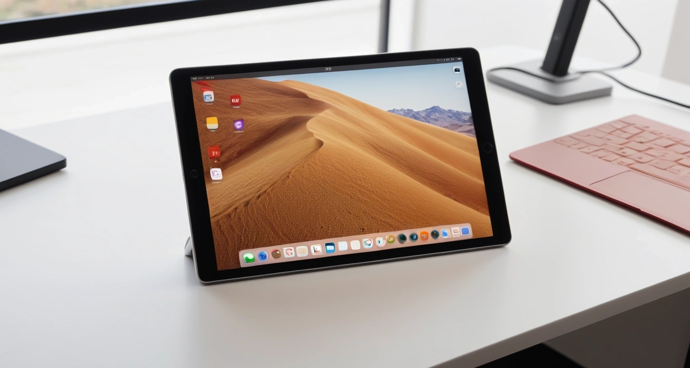 아이패드 미니 7세대 - 디스플레이 및 저장용량 개선이 사용자 경험에 미치는 영향 (close-up of a premium iPad mini 7th generation in a sleek unboxing box on a clean minimal desk, no people)