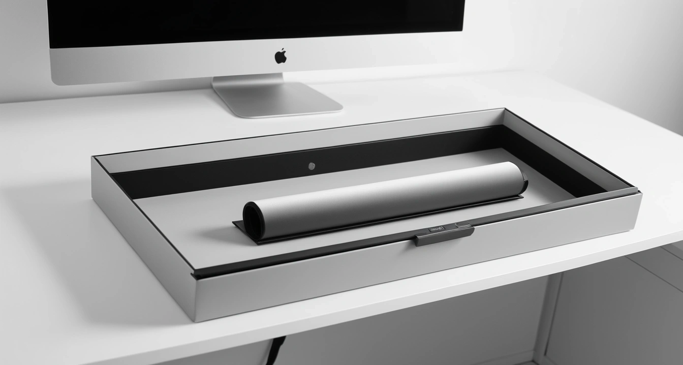 중고 IT 거래<br>- 데이터 삭제 인증과 중고 IT 기기 보안 (close-up of a premium smartphone in a sleek unboxing box on a clean minimal desk, no people)