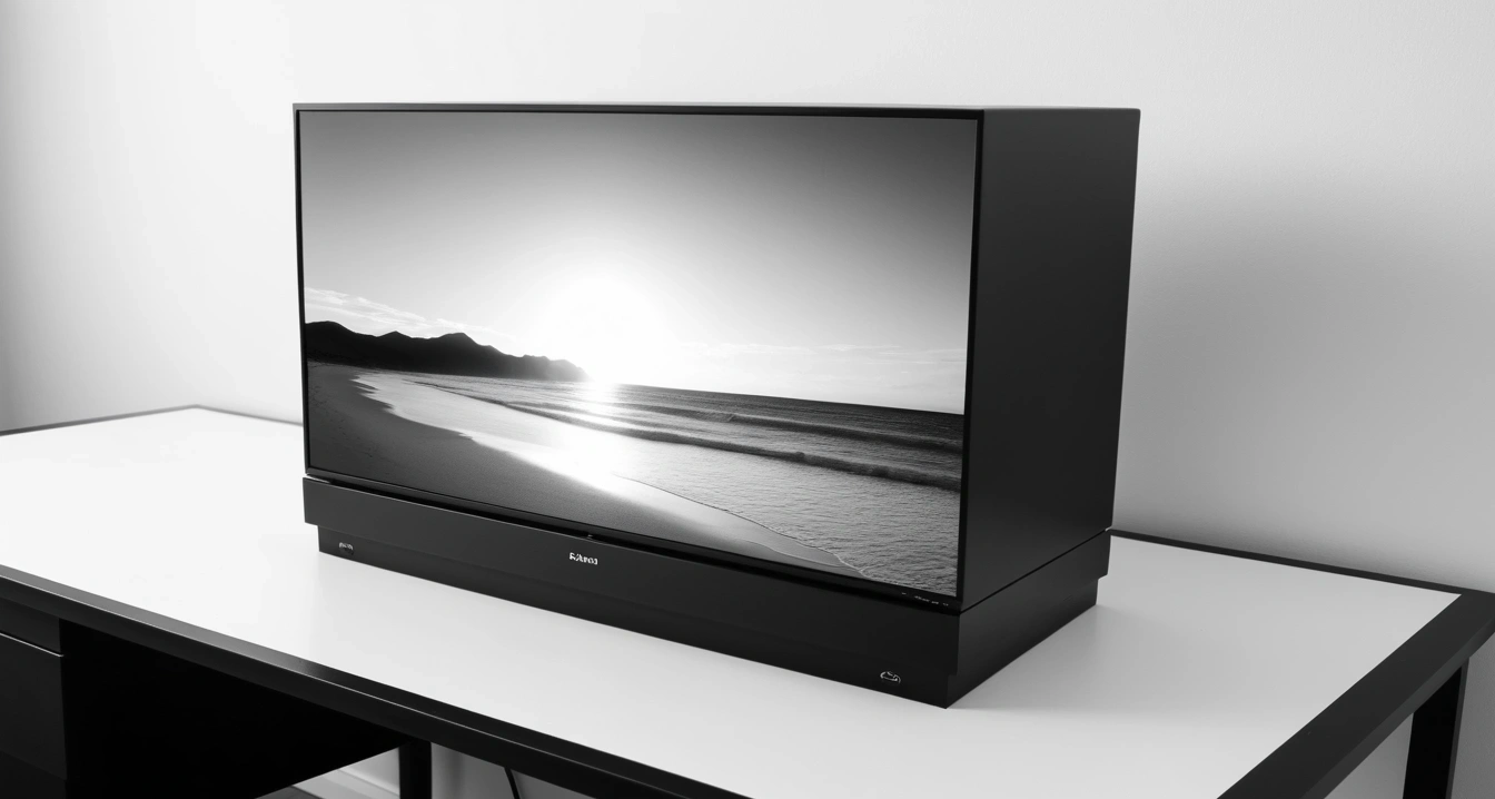 스마트 TV<br>- 스마트 가전 결합 시 고려해야 할 운영체제 호환성 (close-up of a premium smartphone in a sleek unboxing box on a clean minimal desk, no people)